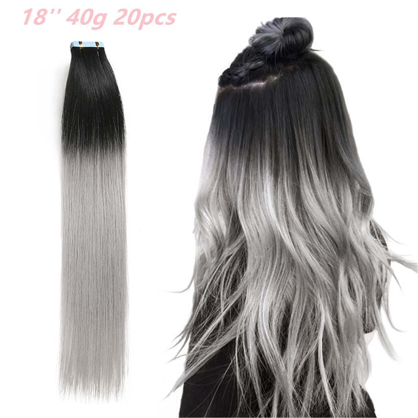 Ombre Tape in Hair Extensions, Black to Silver, Remy Human Hair, 20 Pieces per Pack