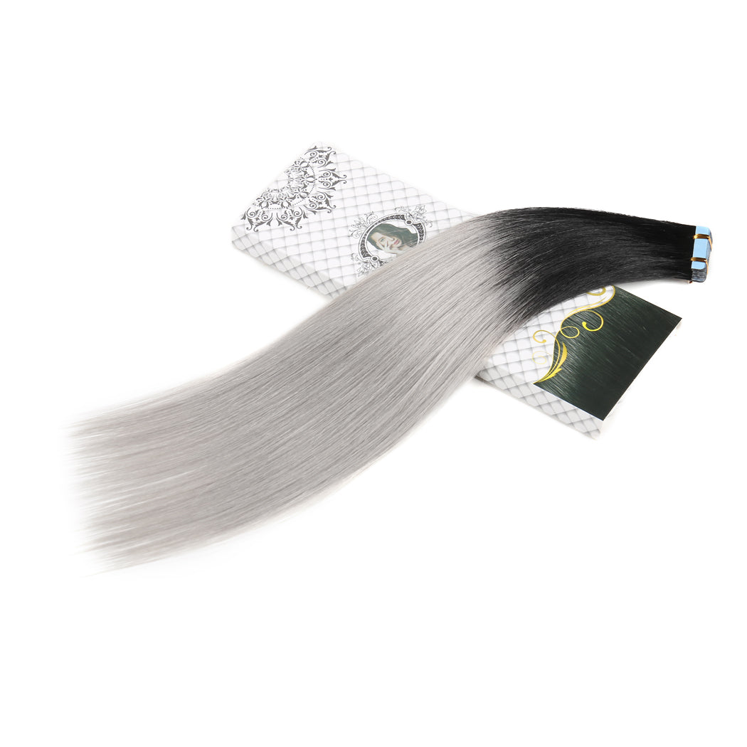 Ombre Tape in Hair Extensions, Black to Silver, Remy Human Hair, 20 Pieces per Pack
